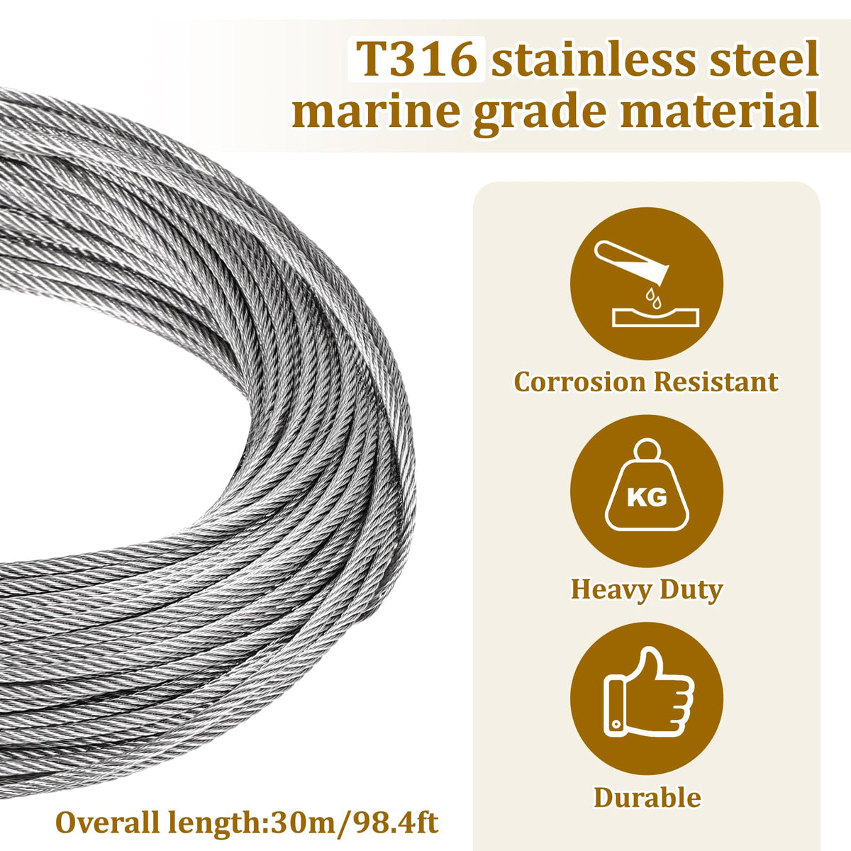 1/8" Stainless Steel Cable 100ft Wire Rope with Loop Sleeve and Thimble P4417
