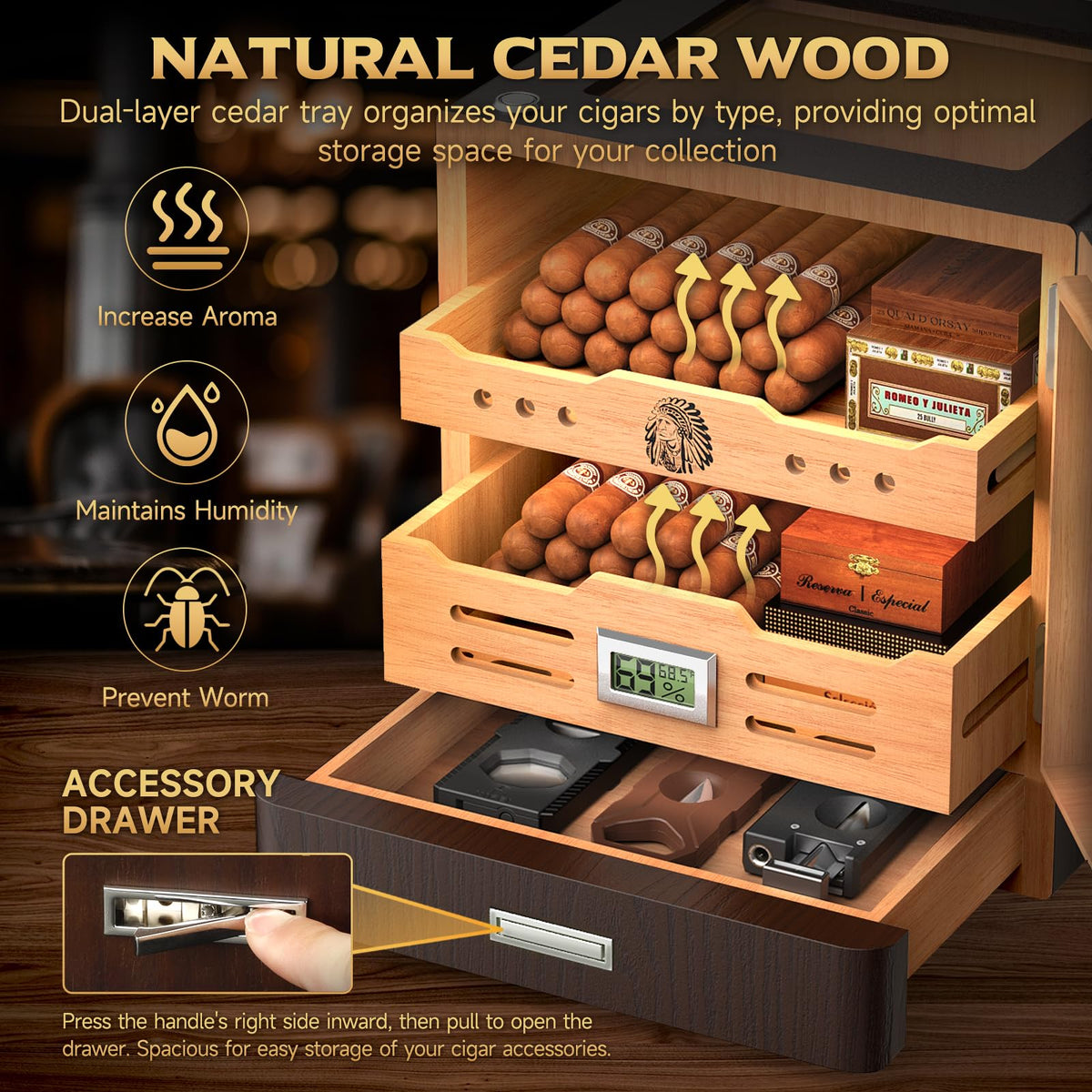 Cigar Humidor Cabinet with Digital Hygrometer and 2 Humidifiers B282252