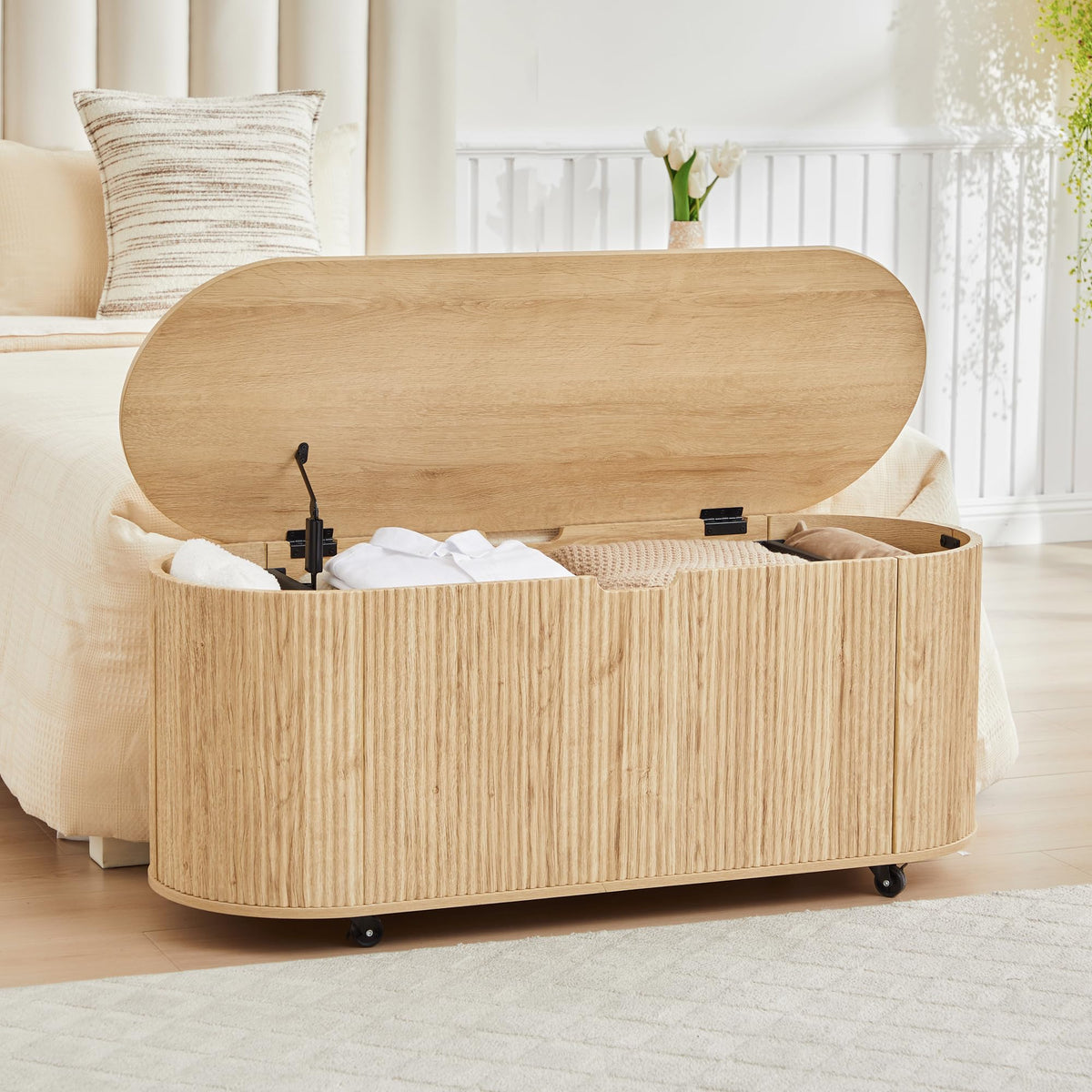 Natural Fluted Storage Bench with 4 Wheels W69135