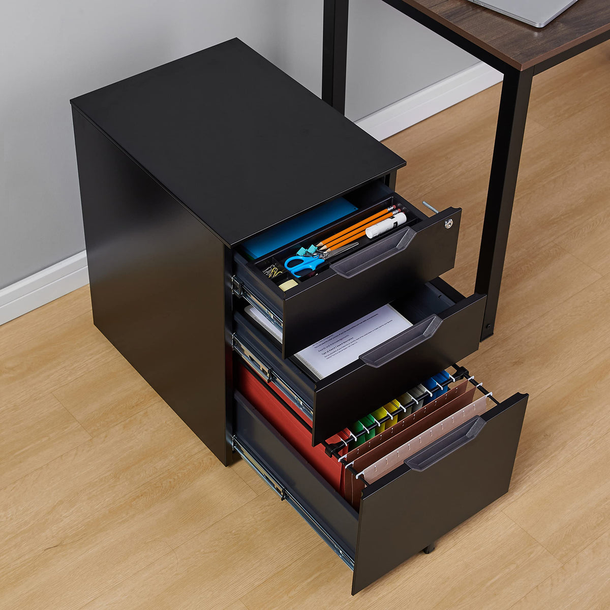 3-Drawer Black Mobile File Cabinet with Lock D4810