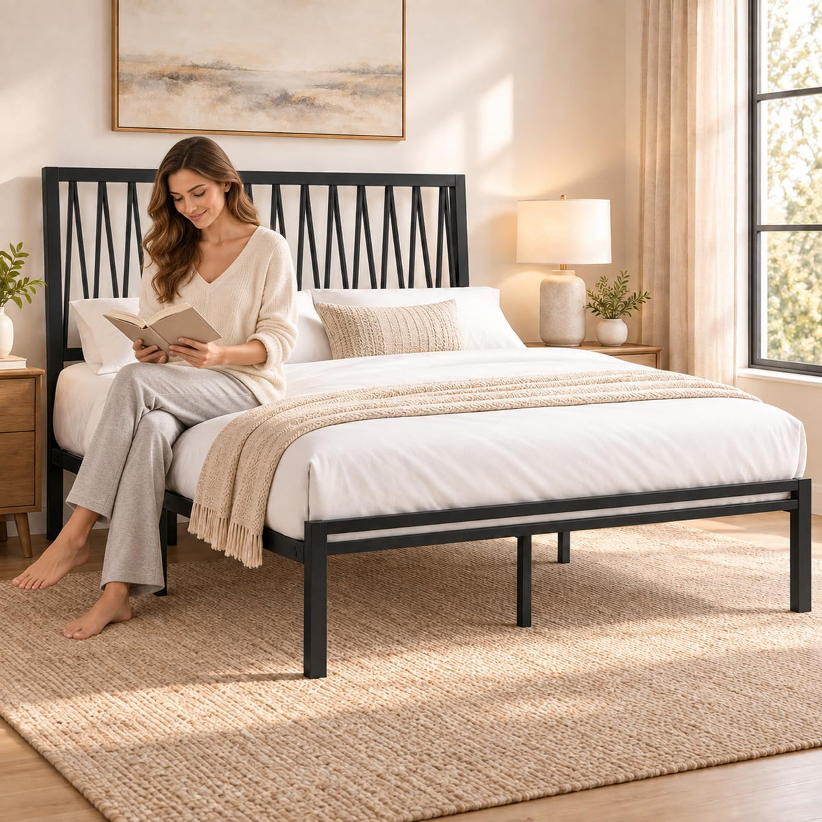 Black Metal Queen Bed Frame with Geometric Headboard B448