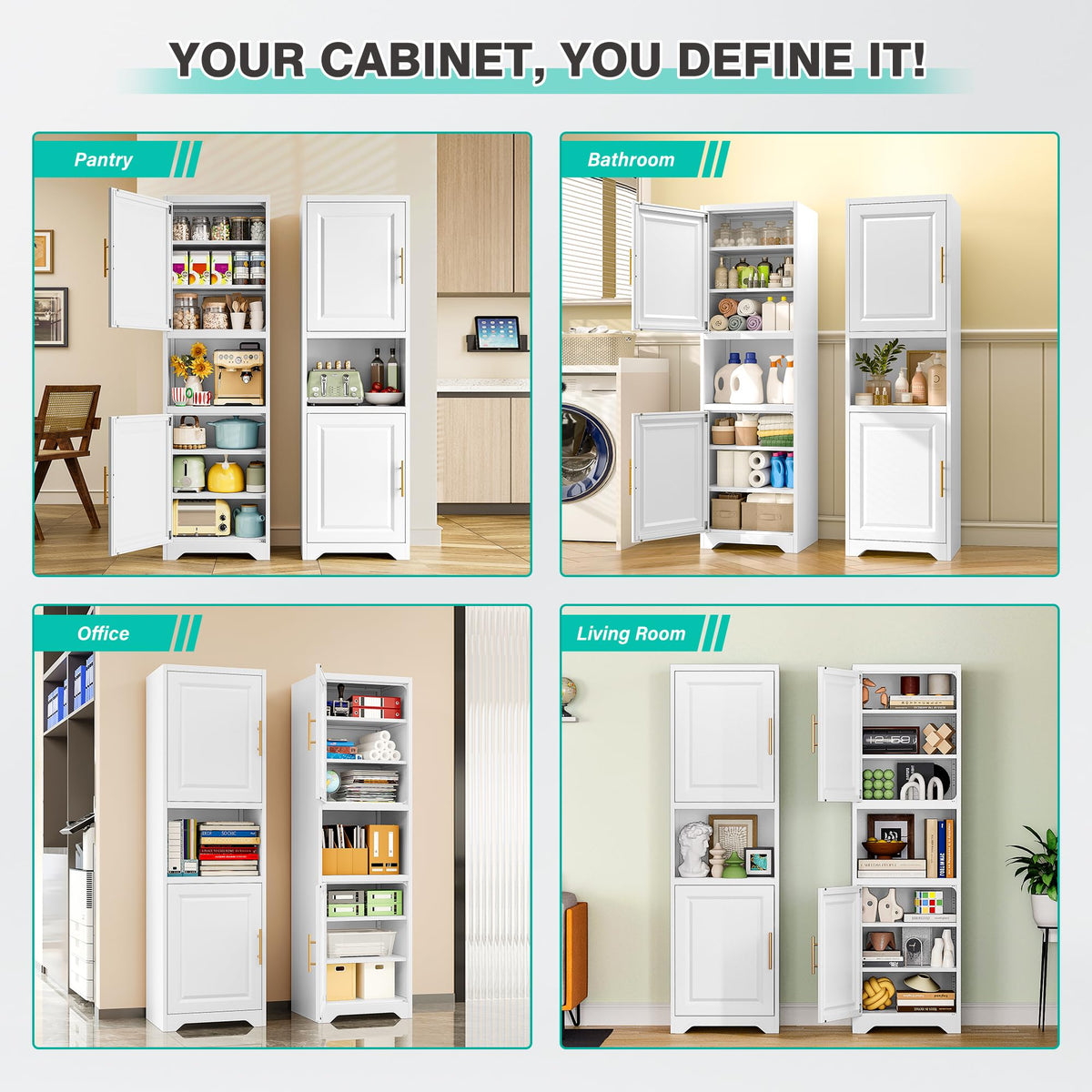 67" Tall Narrow White Metal Bathroom Storage Cabinet L76125