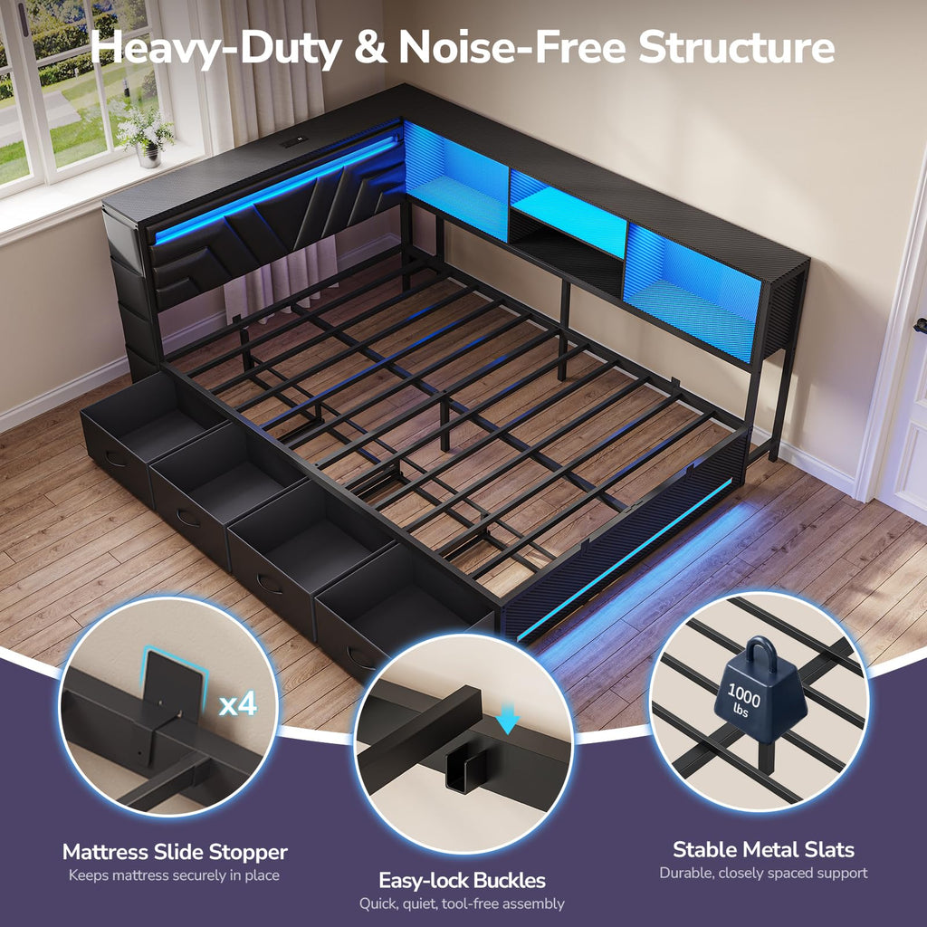 Corner Bed Frame with Storage Bookcase and 4 Drawers I91667