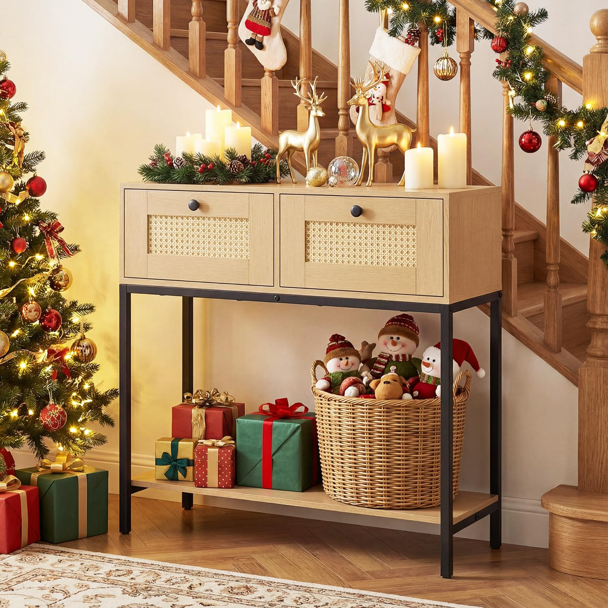 Oak Rattan Console Table with 2 Drawers F571