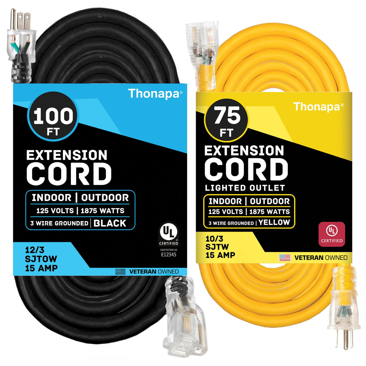 Black Oil Resistant 12 Gauge Extension Cord 100 ft and Yellow 10 Gauge Extension Cord 75 ft U19310