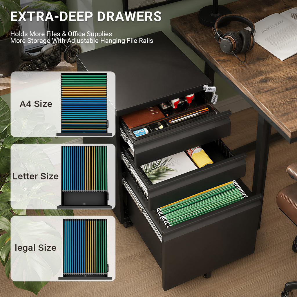 Black 3 Drawer Mobile File Cabinet with Lock D3959