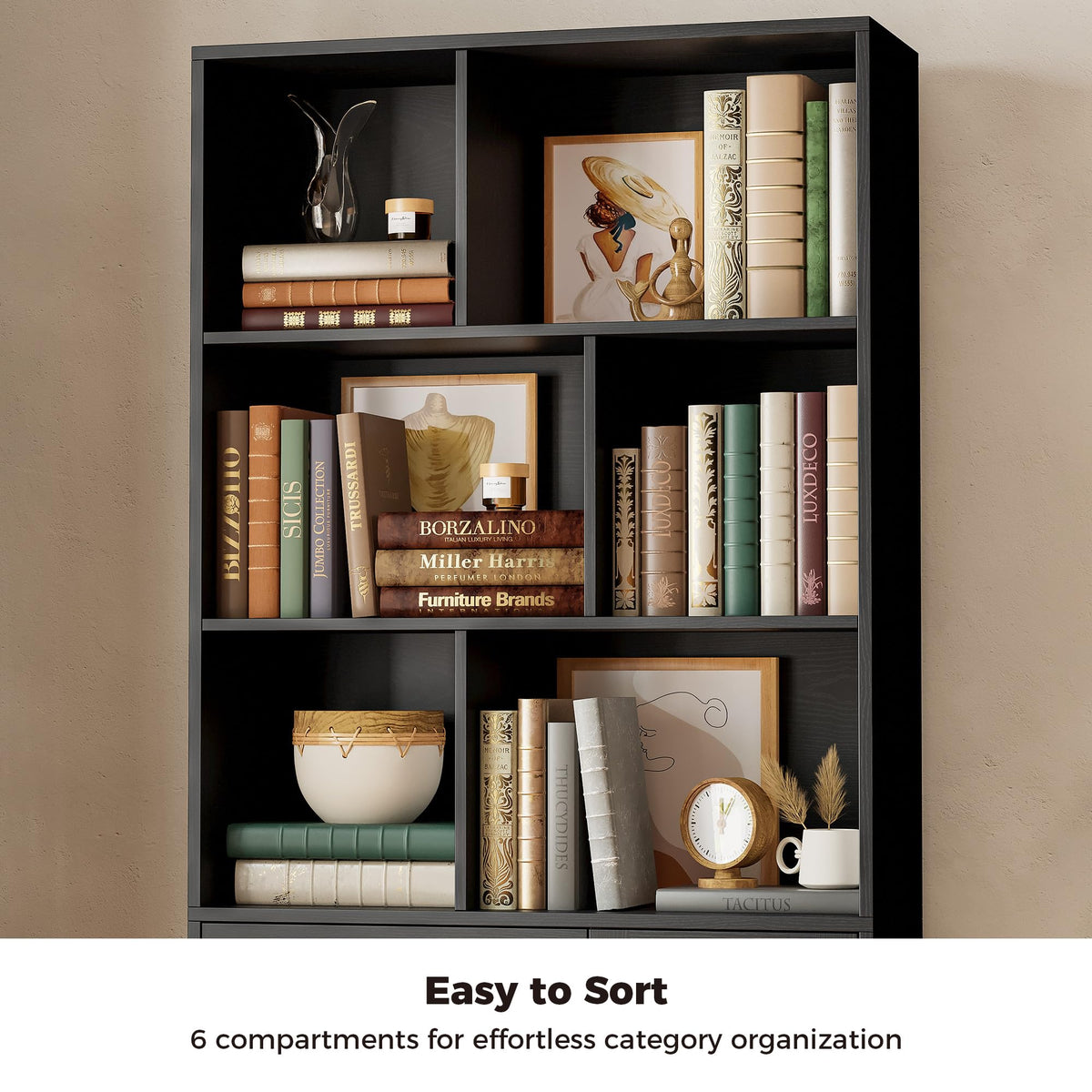 70.9-Inch Black Bookcase with Doors and 3 Drawers B111037