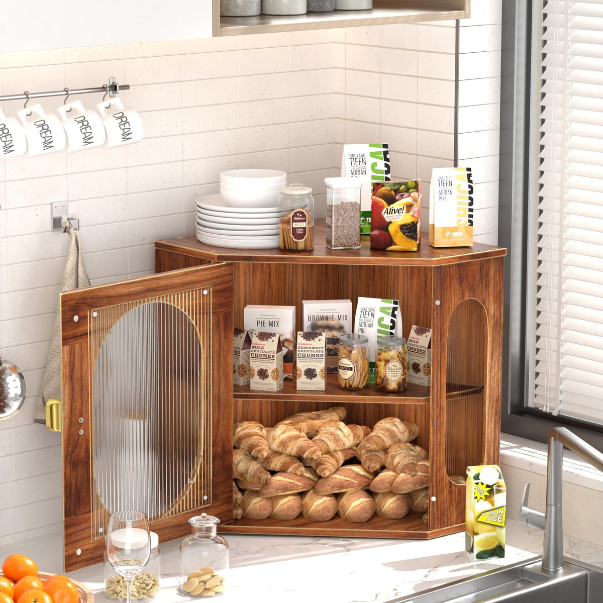 Large Wooden Double Layer Bread Box with Acrylic Window H8204