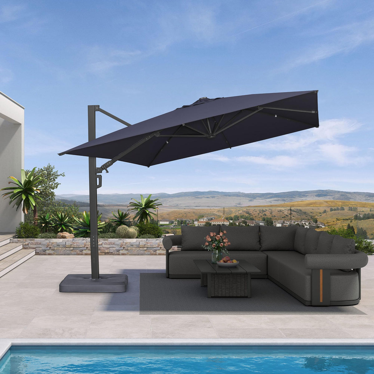 10' x 13' Navy Blue Patio Umbrella with Base C3375