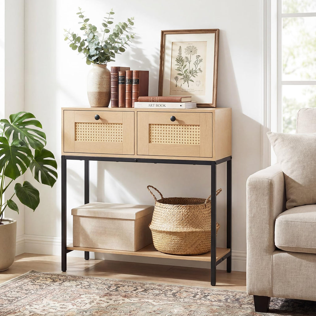 Oak Rattan Console Table with 2 Drawers F571
