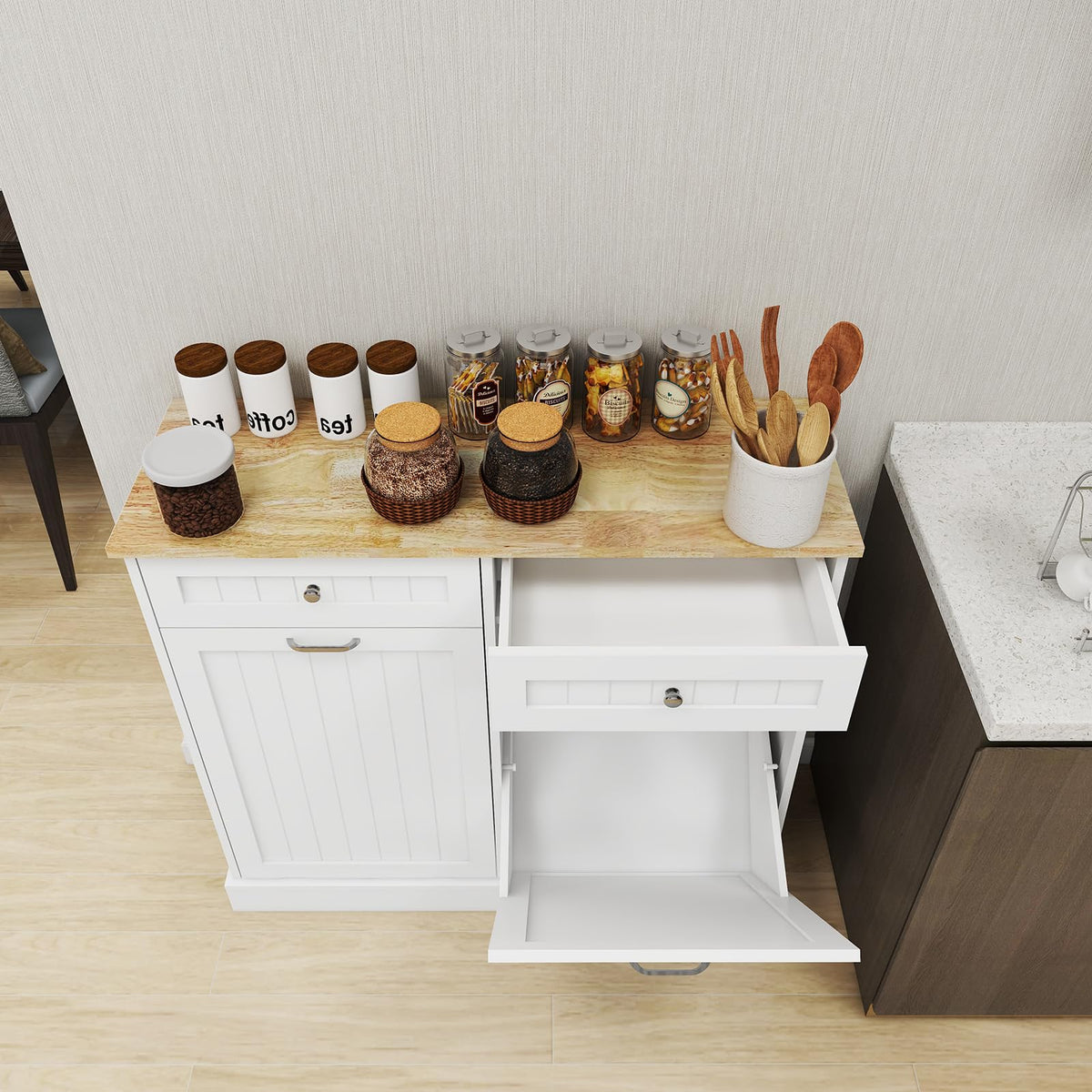 White Double Tilt Out Trash Cabinet with 2 Drawers O37002