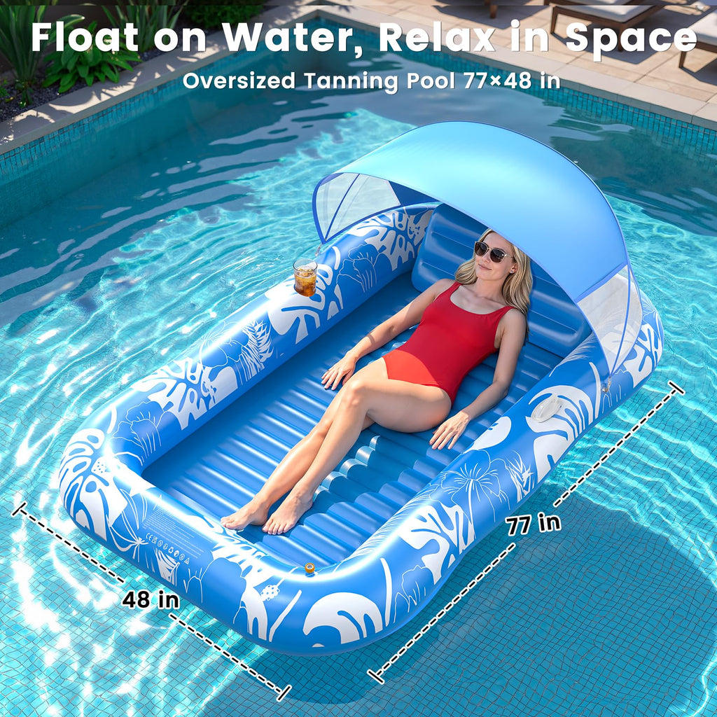 Inflatable Tanning Pool Lounger Float with Sprinkler, Pillow & Cup Holder L324