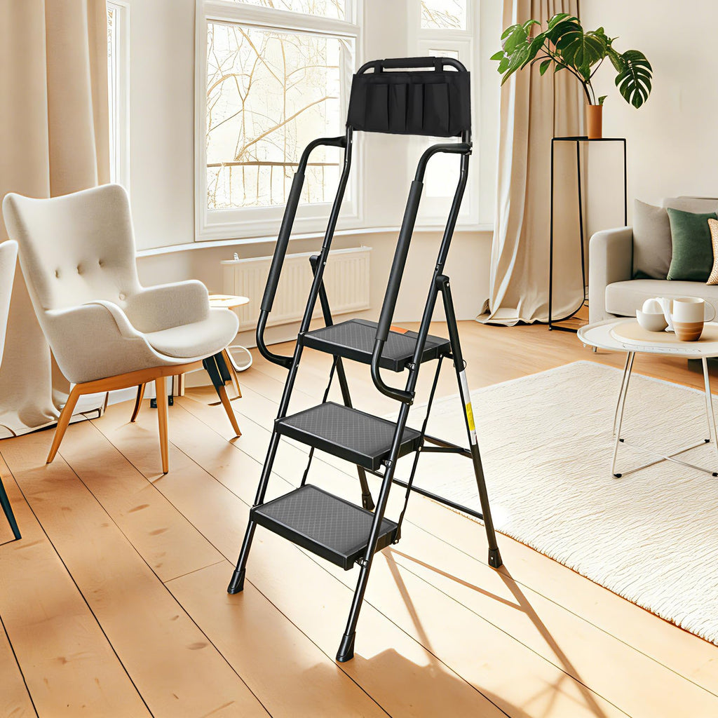 3 Step Folding Step Ladder with Handrails, 500 Lbs Capacity, Black X3626