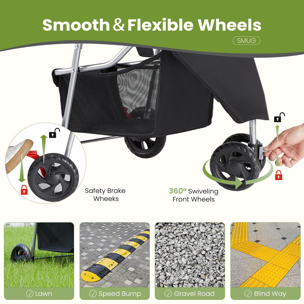 3 Wheels Pet Stroller with Storage Basket and Cup Holder, Black A90780