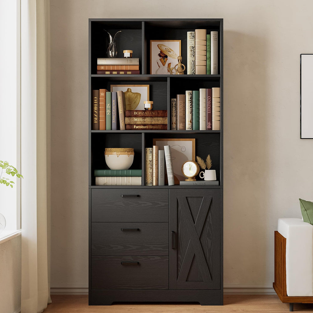70.9-Inch Black Bookcase with Doors and 3 Drawers B111037