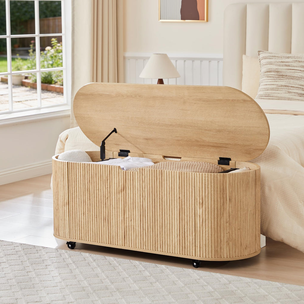 Natural Fluted Storage Bench with 4 Wheels W69135