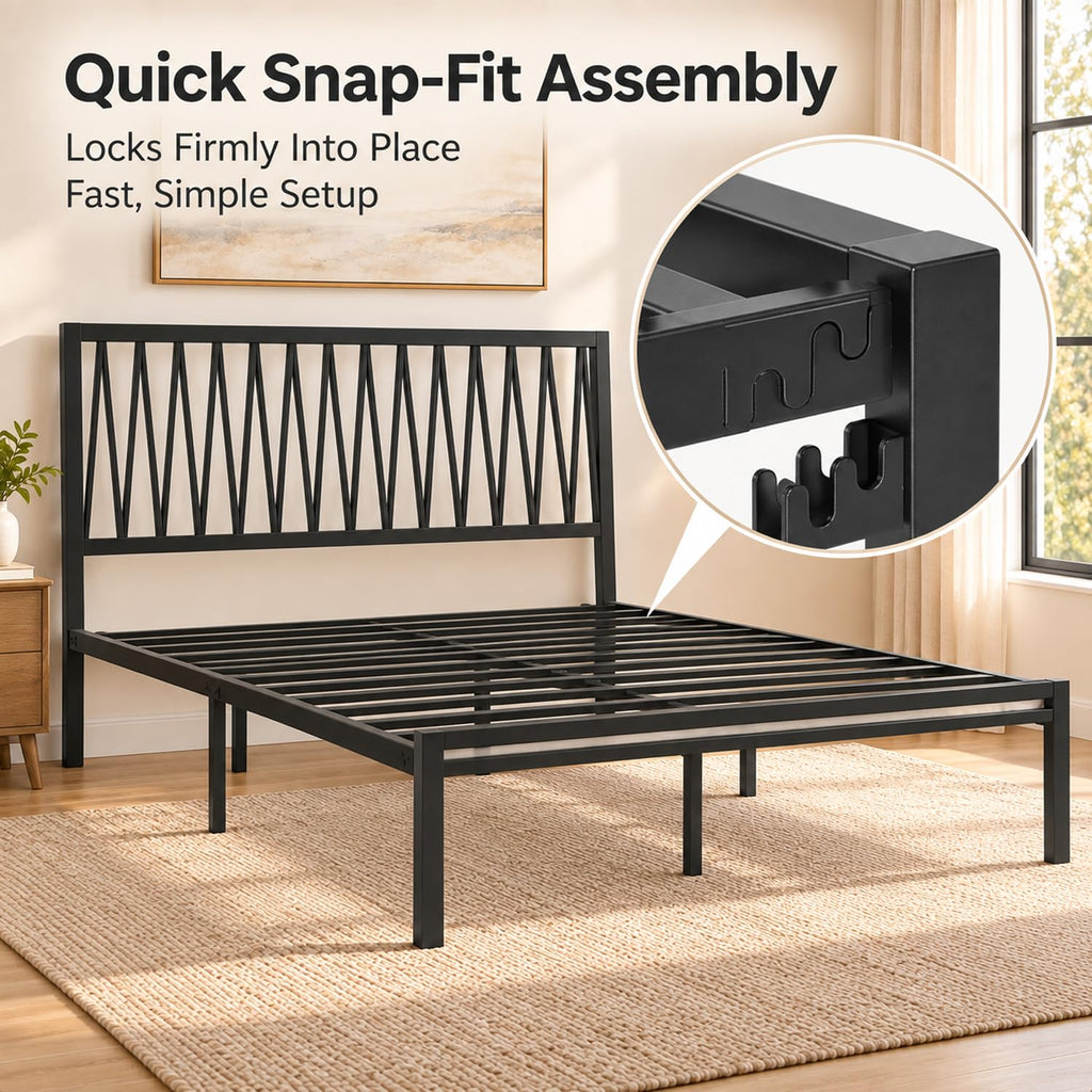 Black Metal Queen Bed Frame with Geometric Headboard B448