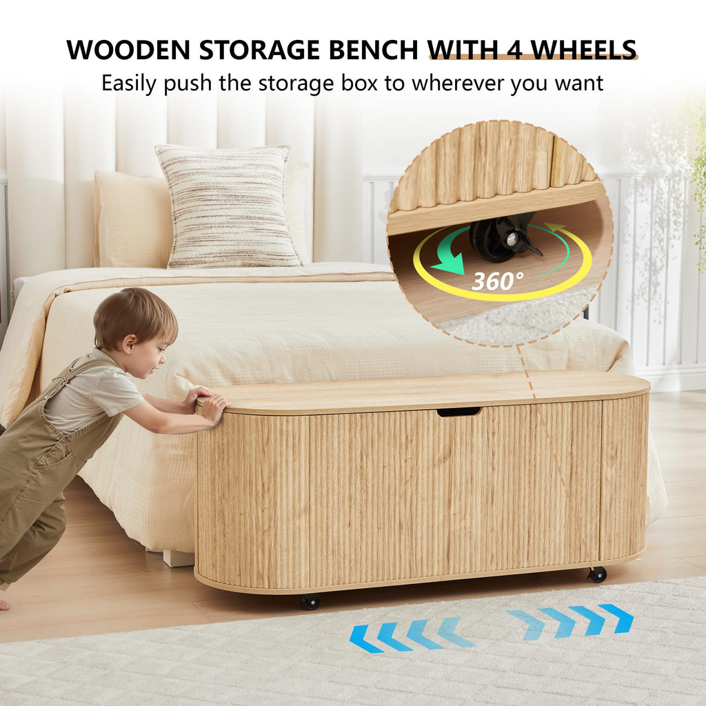 Natural Fluted Storage Bench with 4 Wheels W69135