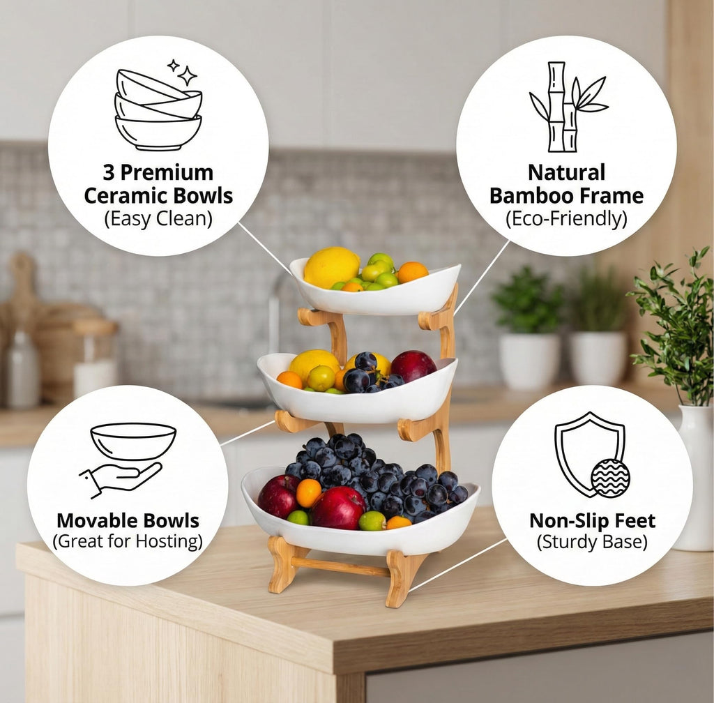 3 Tier Ceramic Fruit Bowls with Wooden Stand L91879