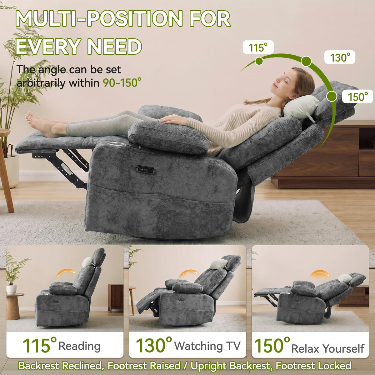 Dark Gray Swivel Rocking Recliner Chair with USB Charging T2903