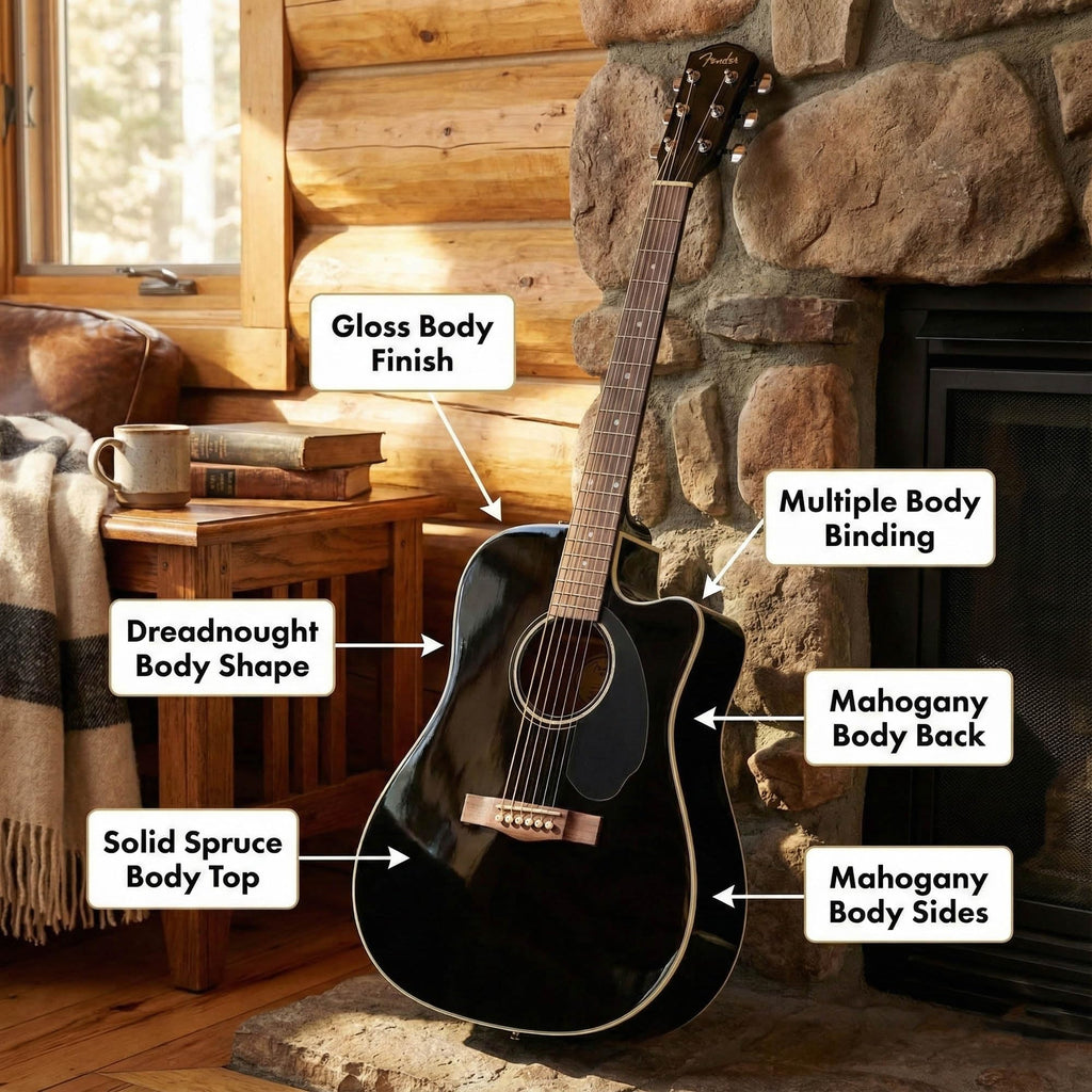 Black Solid Top Dreadnought Acoustic-Electric Guitar with Hard Case V24518