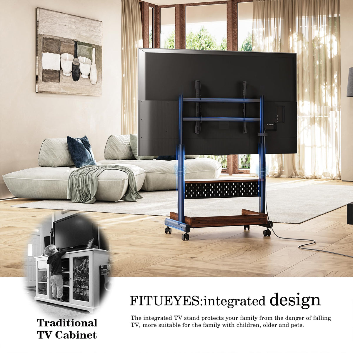 Rolling TV Stand Mount with Wooden Shelf R448