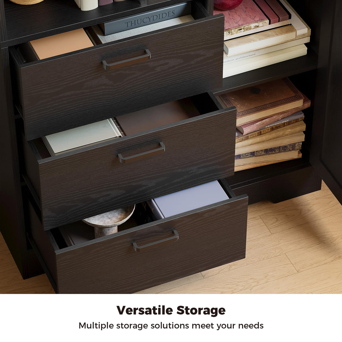 70.9-Inch Black Bookcase with Doors and 3 Drawers B111037
