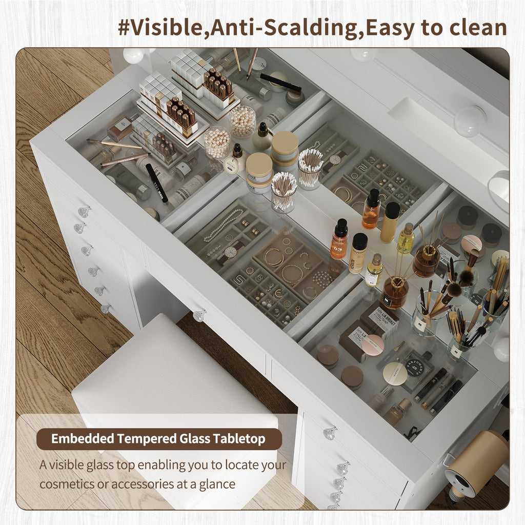 47" White Makeup Vanity with 13 Drawers and HD Mirror W2102