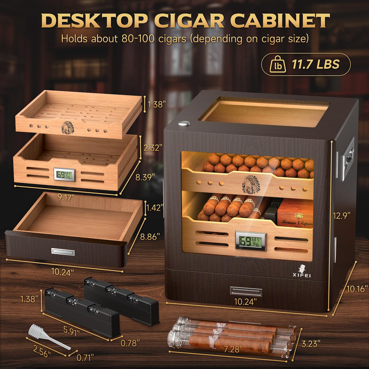 Cigar Humidor Cabinet with Digital Hygrometer and 2 Humidifiers B282252