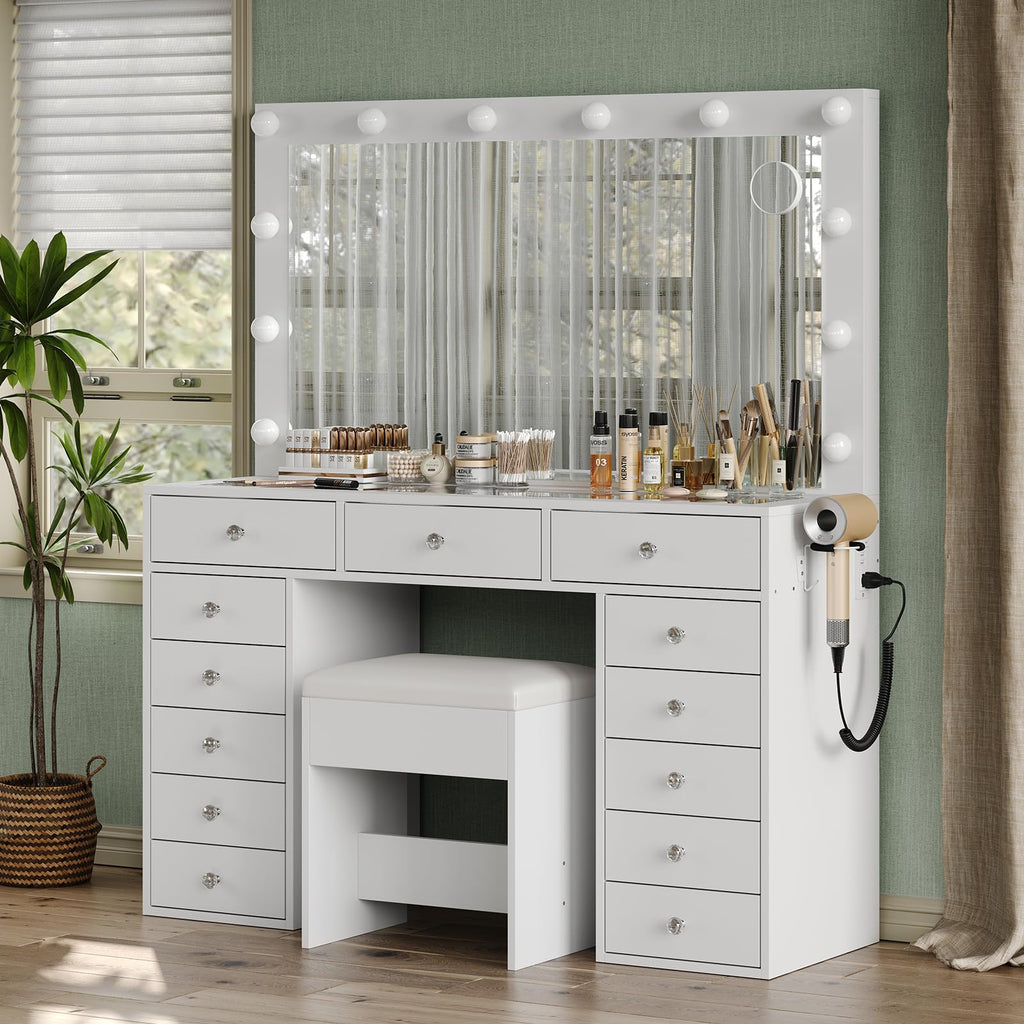 47" White Makeup Vanity with 13 Drawers and HD Mirror W2102