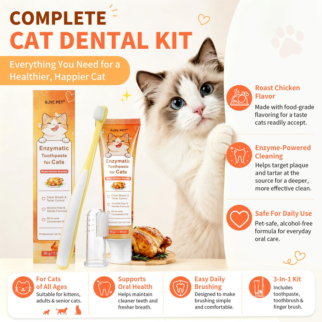 55g Roasted Chicken Enzymatic Cat Tooth Brushing Kit with Soft Bristles Toothbrush & Finger Brush D464