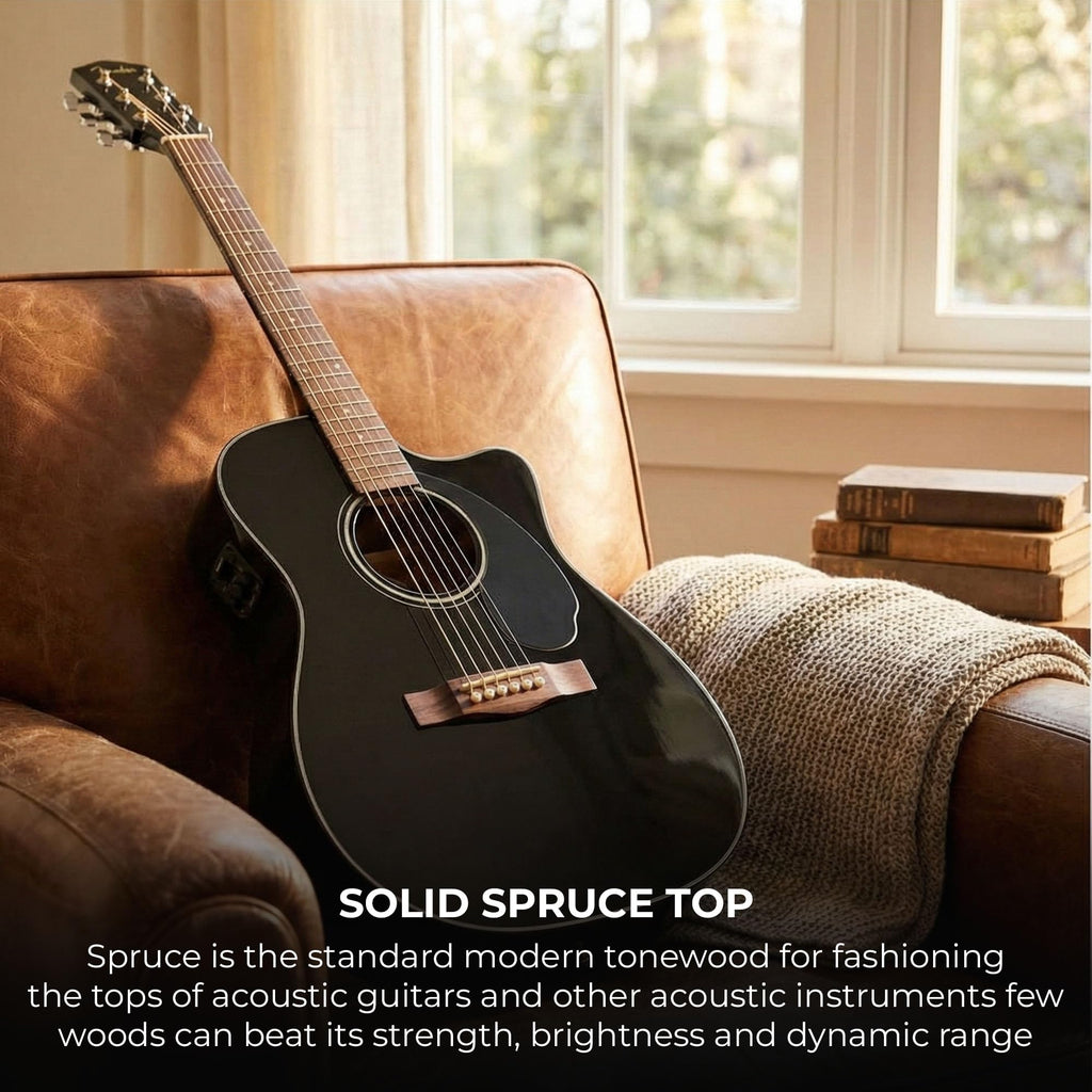 Black Solid Top Dreadnought Acoustic-Electric Guitar with Hard Case V24518