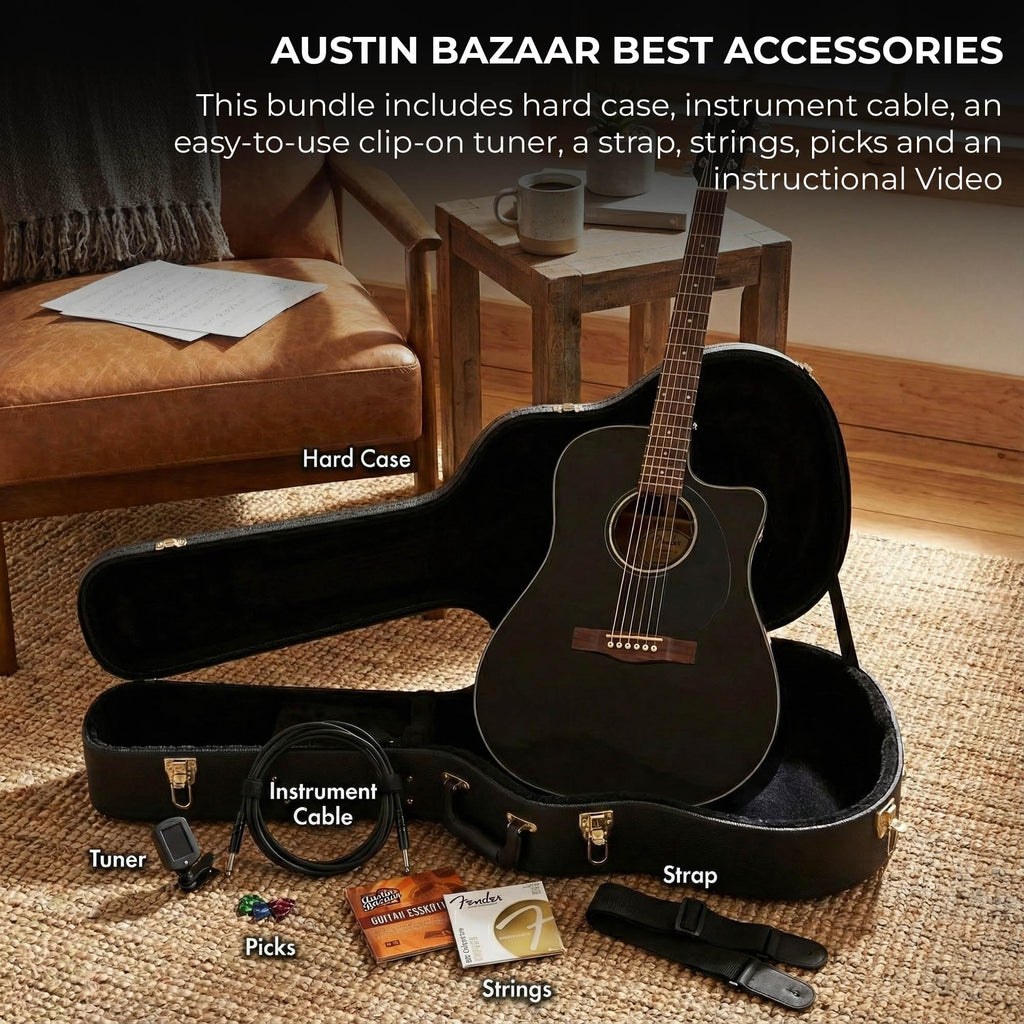 Black Solid Top Dreadnought Acoustic-Electric Guitar with Hard Case V24518