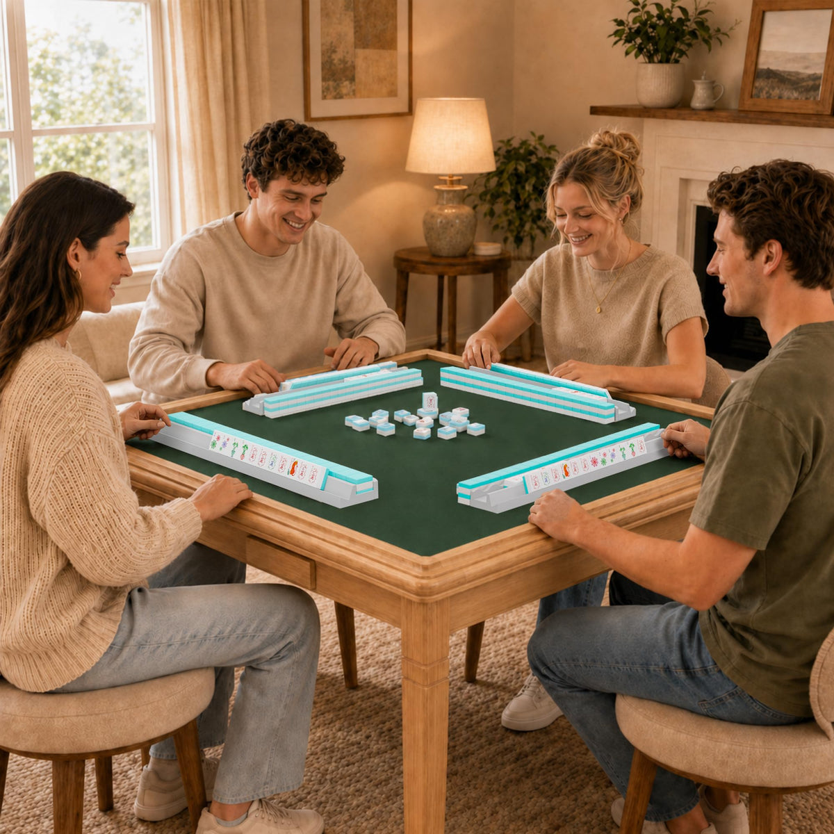 White Scalloped Wooden Mahjong Racks with Pushers Set of 4 I390751