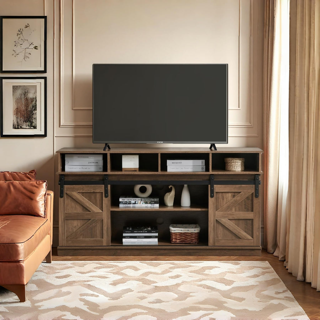 Brown TV Stand with Storage Cabinets & Sliding Barn Doors H4948