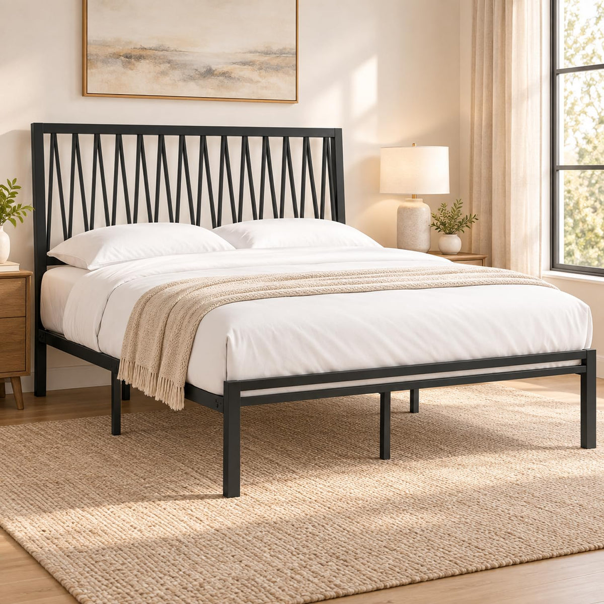 Black Metal Queen Bed Frame with Geometric Headboard B448