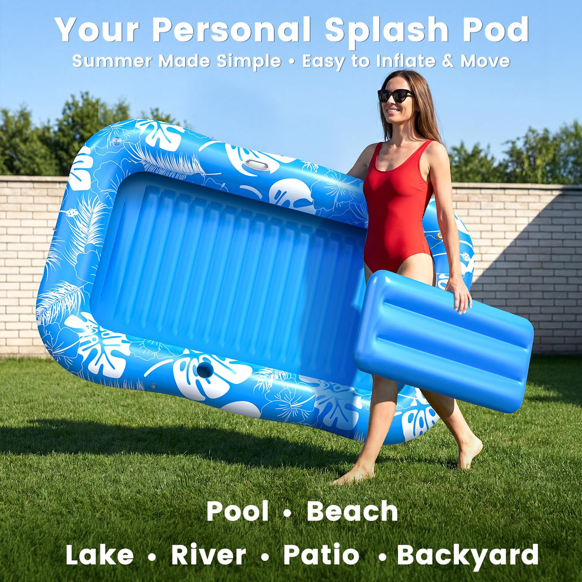 Inflatable Tanning Pool Lounger Float with Sprinkler, Pillow & Cup Holder L324
