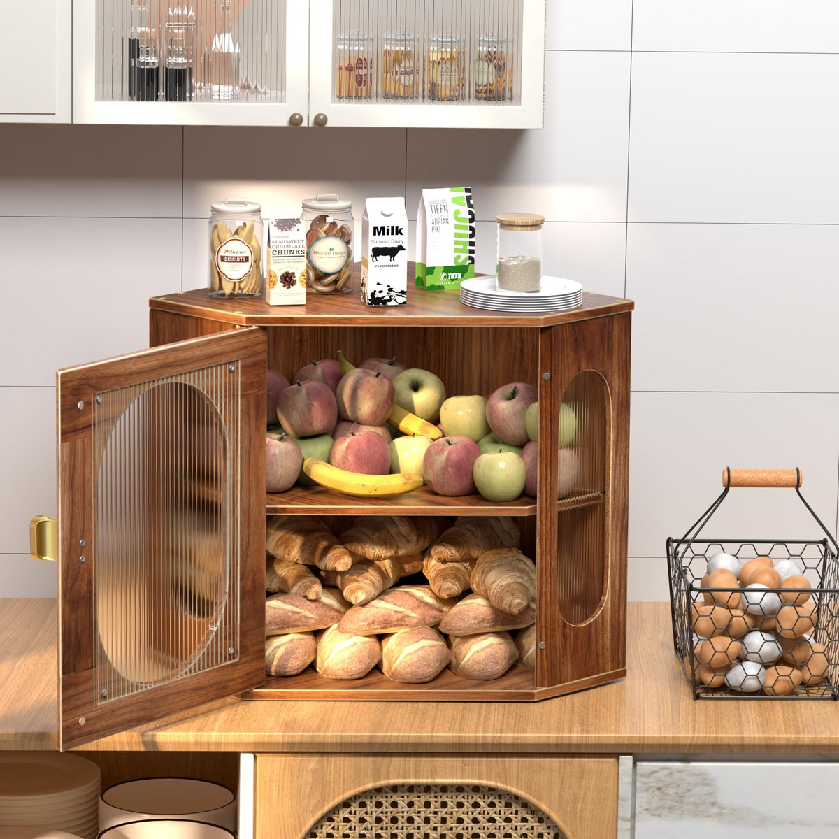 Large Wooden Double Layer Bread Box with Acrylic Window H8204