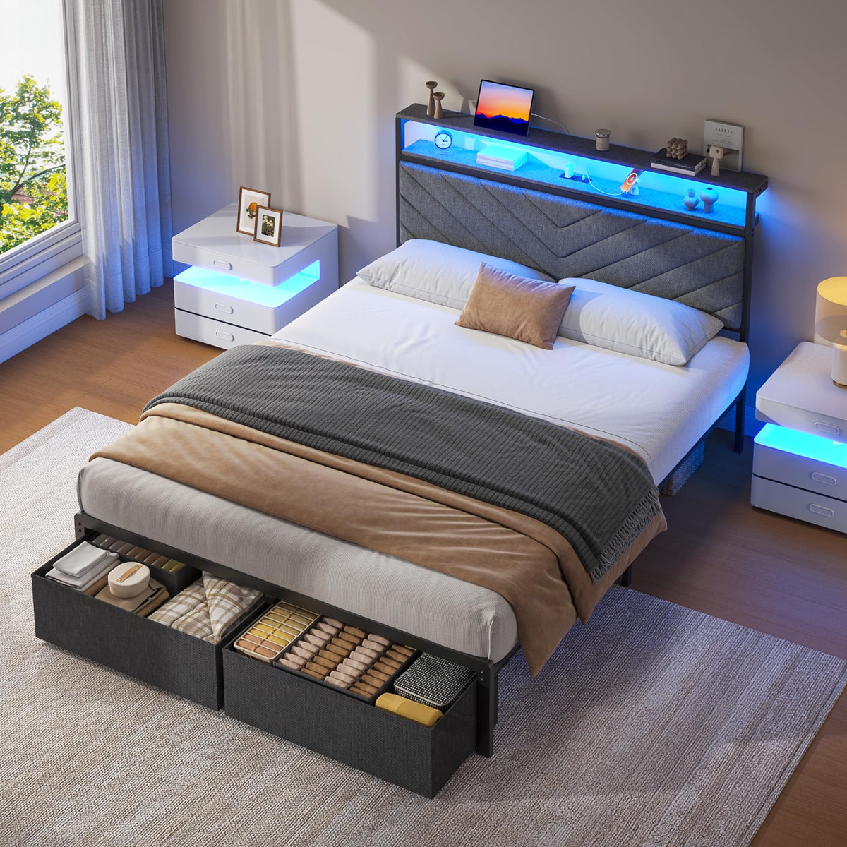 Grey Full Bed Frame with 2 Drawers N5617
