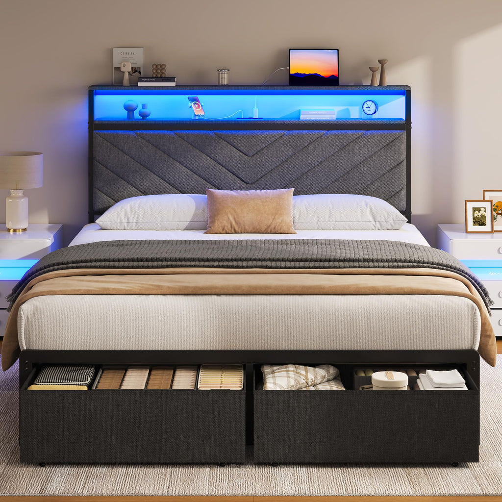 Grey Full Bed Frame with 2 Drawers N5617