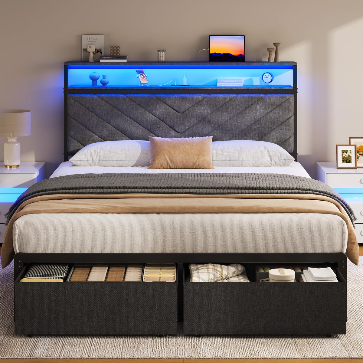 Grey Full Bed Frame with 2 Drawers N5617