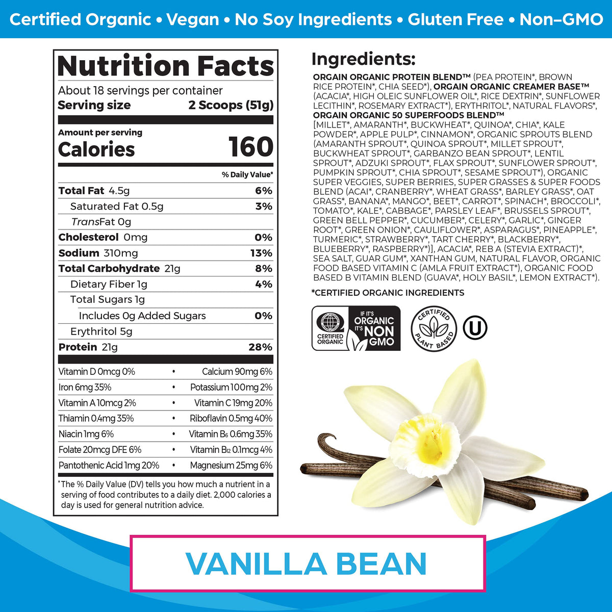 Organic Vegan Protein + Superfoods Powders Vanilla Bean X1376