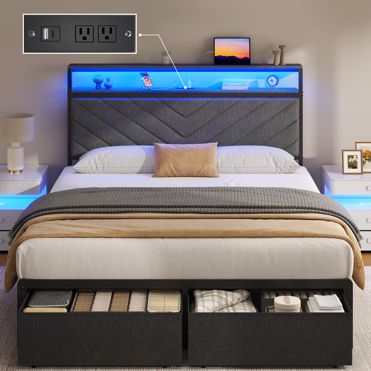 Grey Full Bed Frame with 2 Drawers N5617