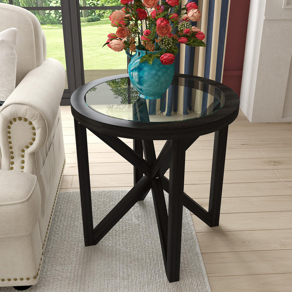 Black Tempered Glass Round Side Table A692