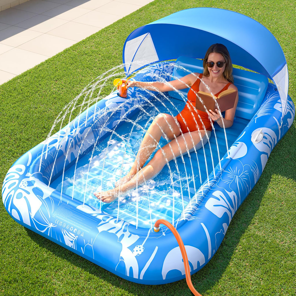 Inflatable Tanning Pool Lounger Float with Sprinkler, Pillow & Cup Holder L324